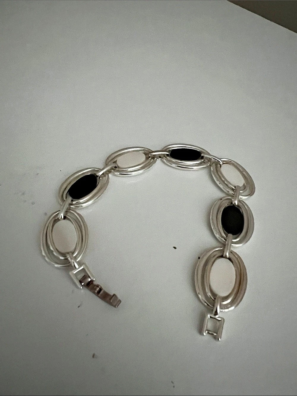 Silver Tone Black and White Oval Link Bracelet